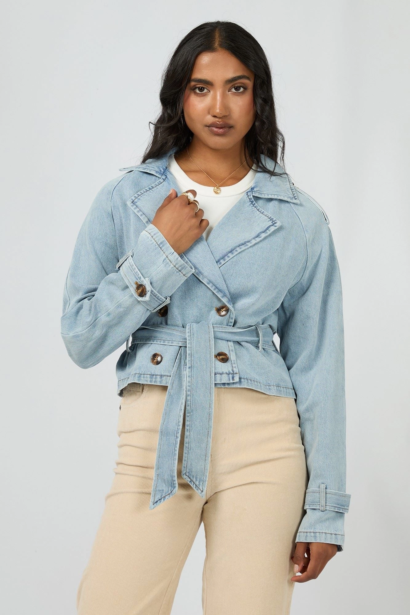 All About Eve Rio Cropped Trench Light Blue TemperatureRegulating Fabric Heavyweight Warmth