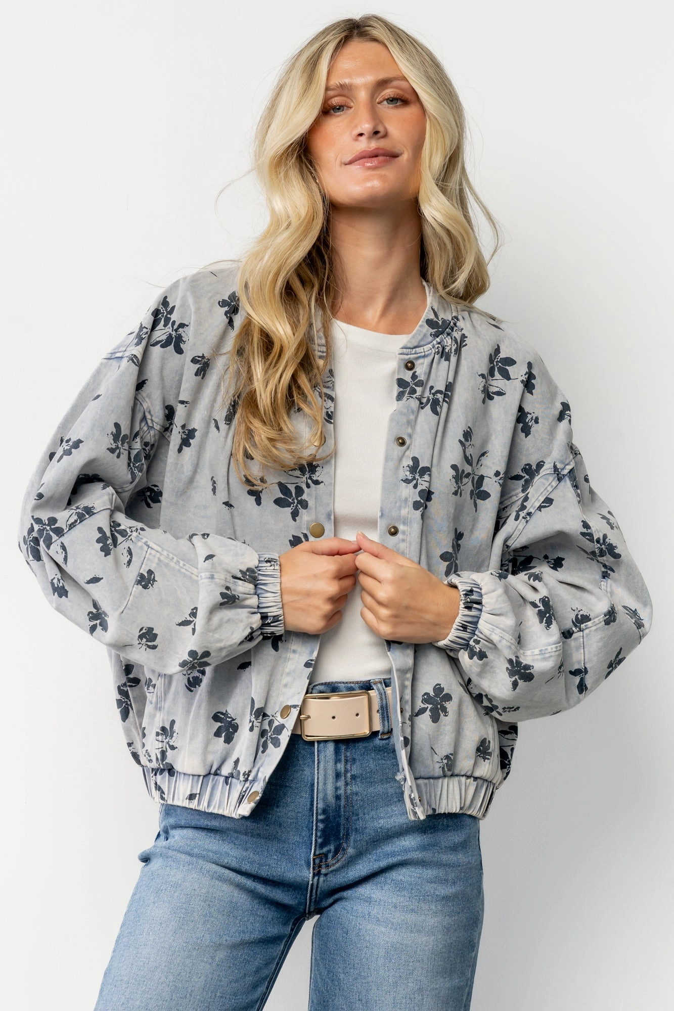 Gia Bomber Jacket | Blue Floral Moisture Wicking Inner Temperature control