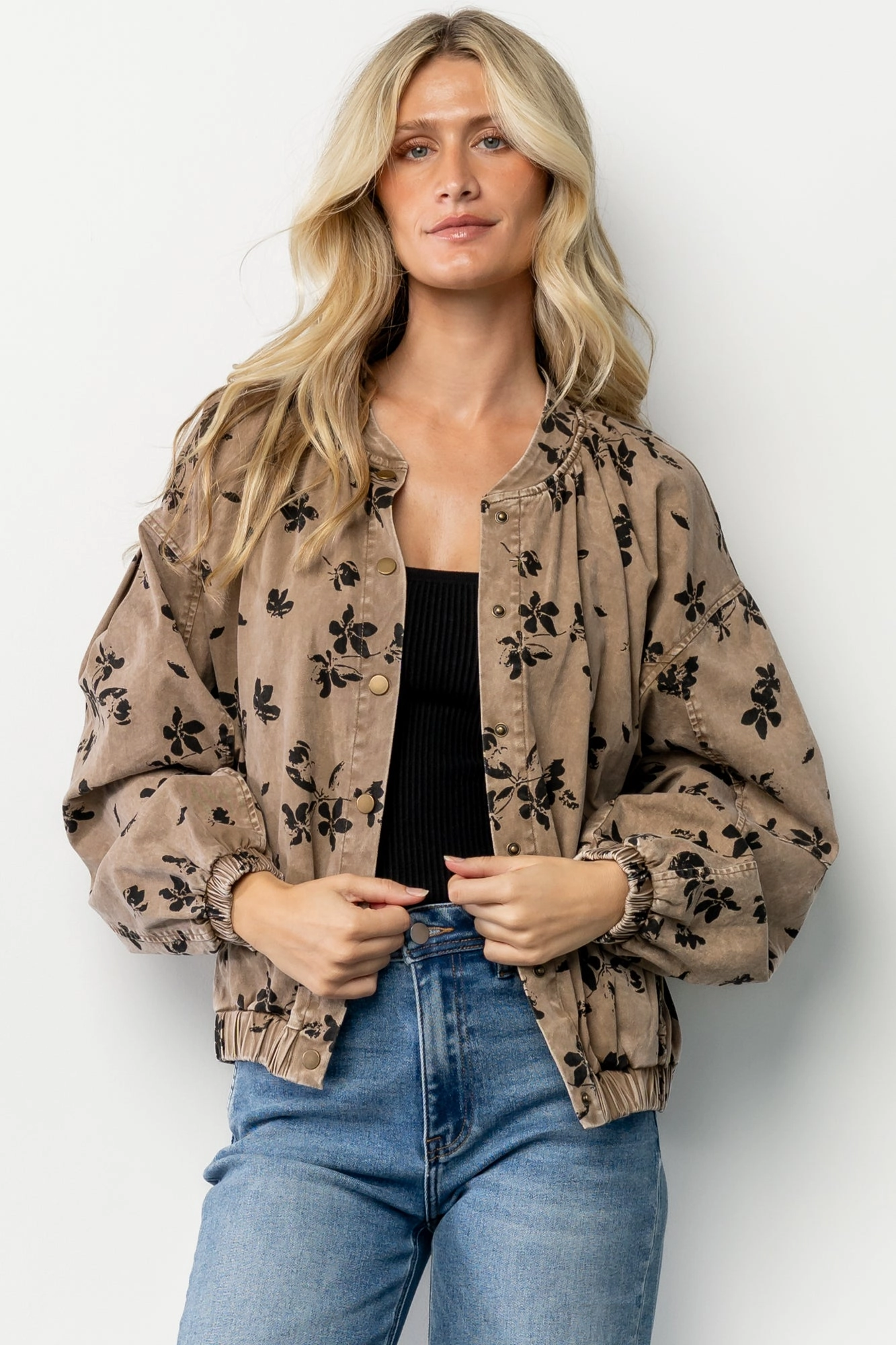Gia Bomber Jacket | Brown Floral Holiday Trip Ripstop Fabric Technology