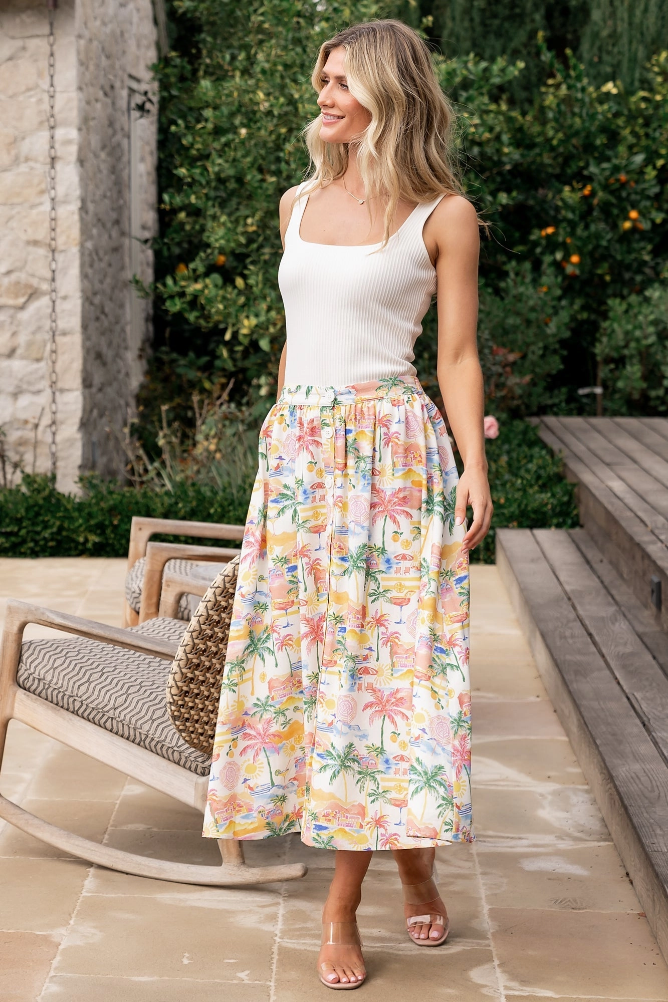 Seamless Design Edgy Look Gigi Button Midi Skirt | Off White   Multi Print
