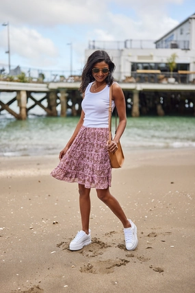 Gloss by Shine On Mirielle Mini Skirt Brown Pink Floral Chic Tones