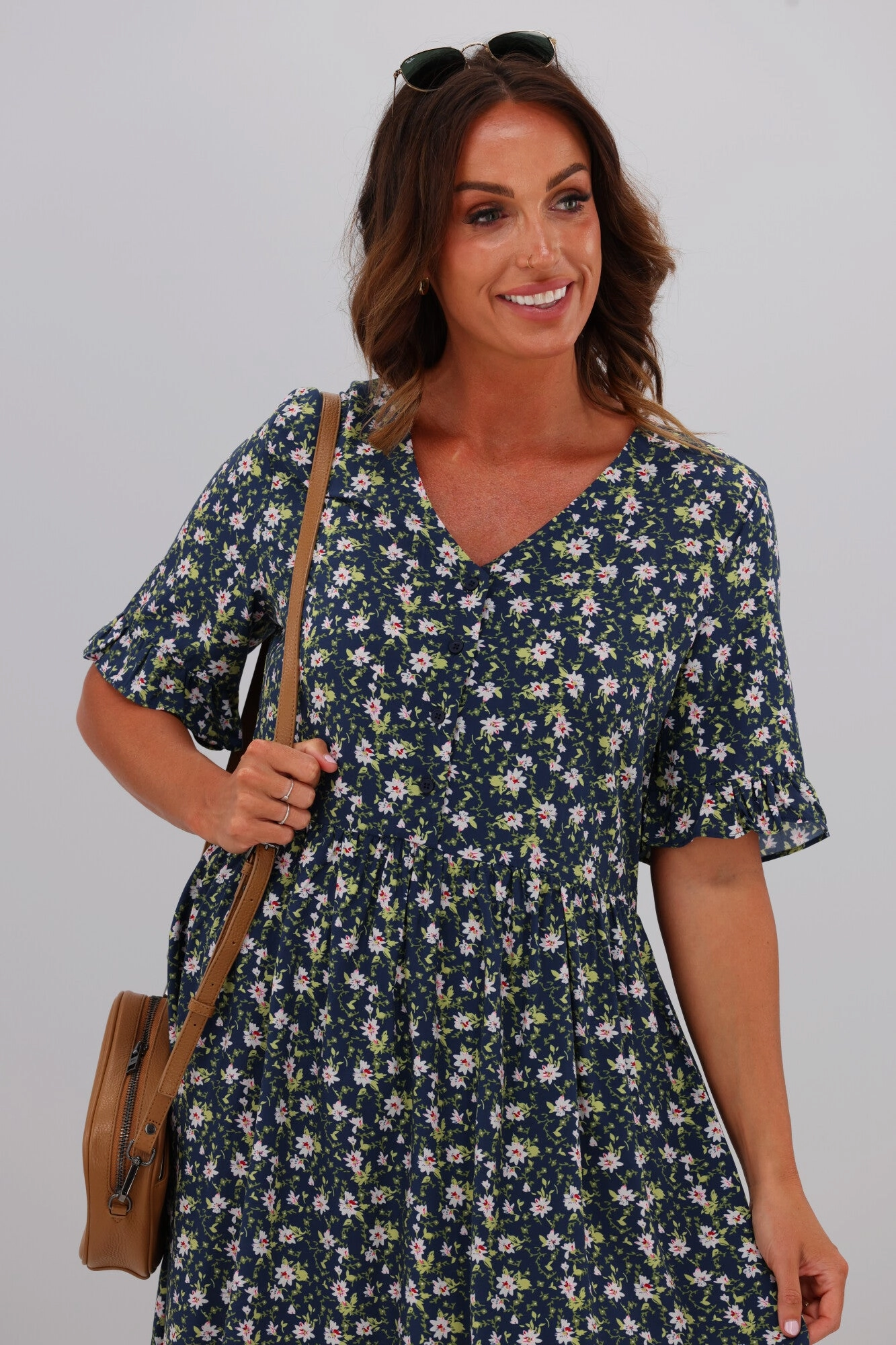 Open-back Gloss by Shine On Sacha Frill Sleeve Dress Black Ditsy