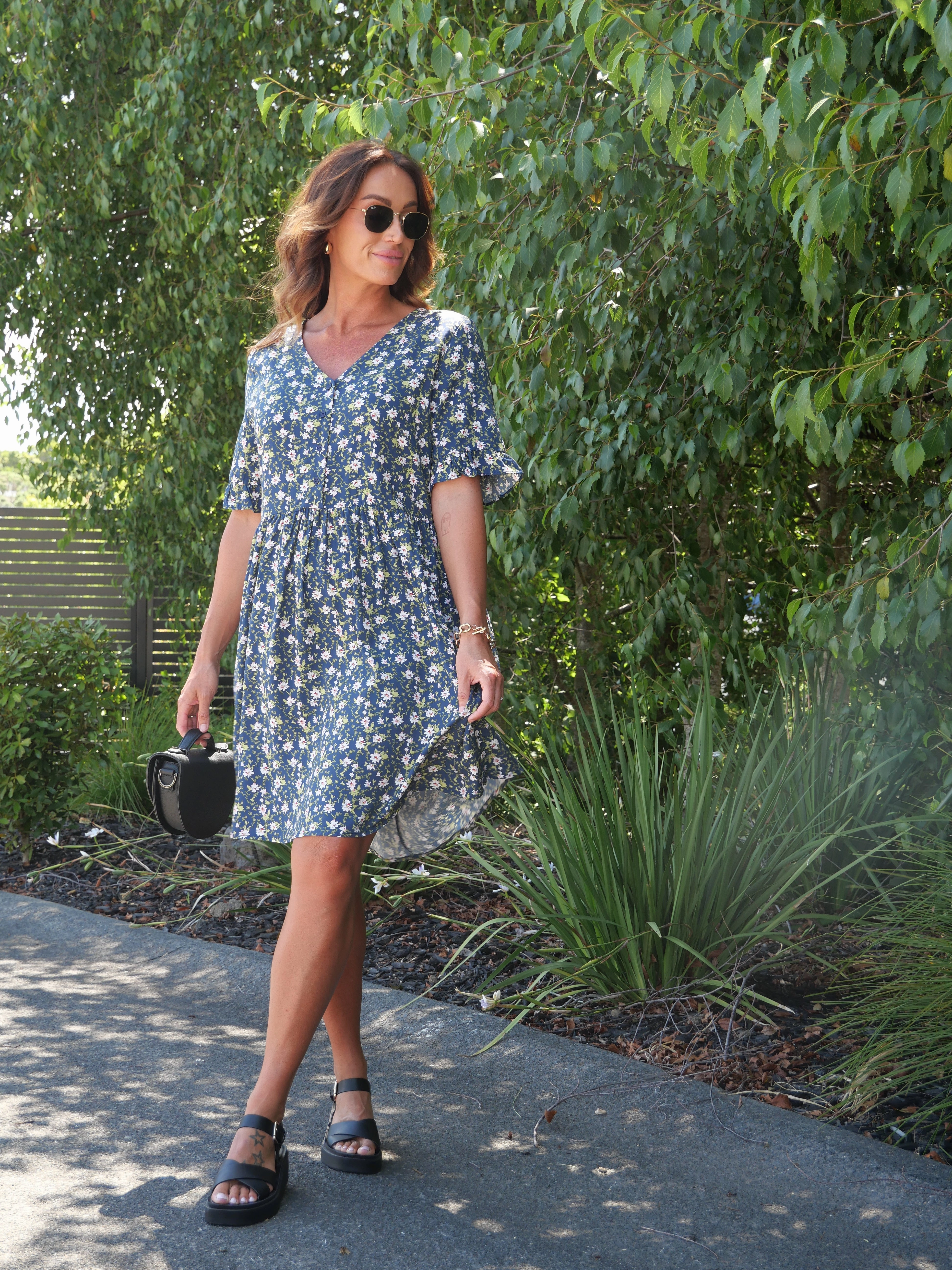 Petite-Size Gloss by Shine On Sacha Frill Sleeve Dress Black Ditsy