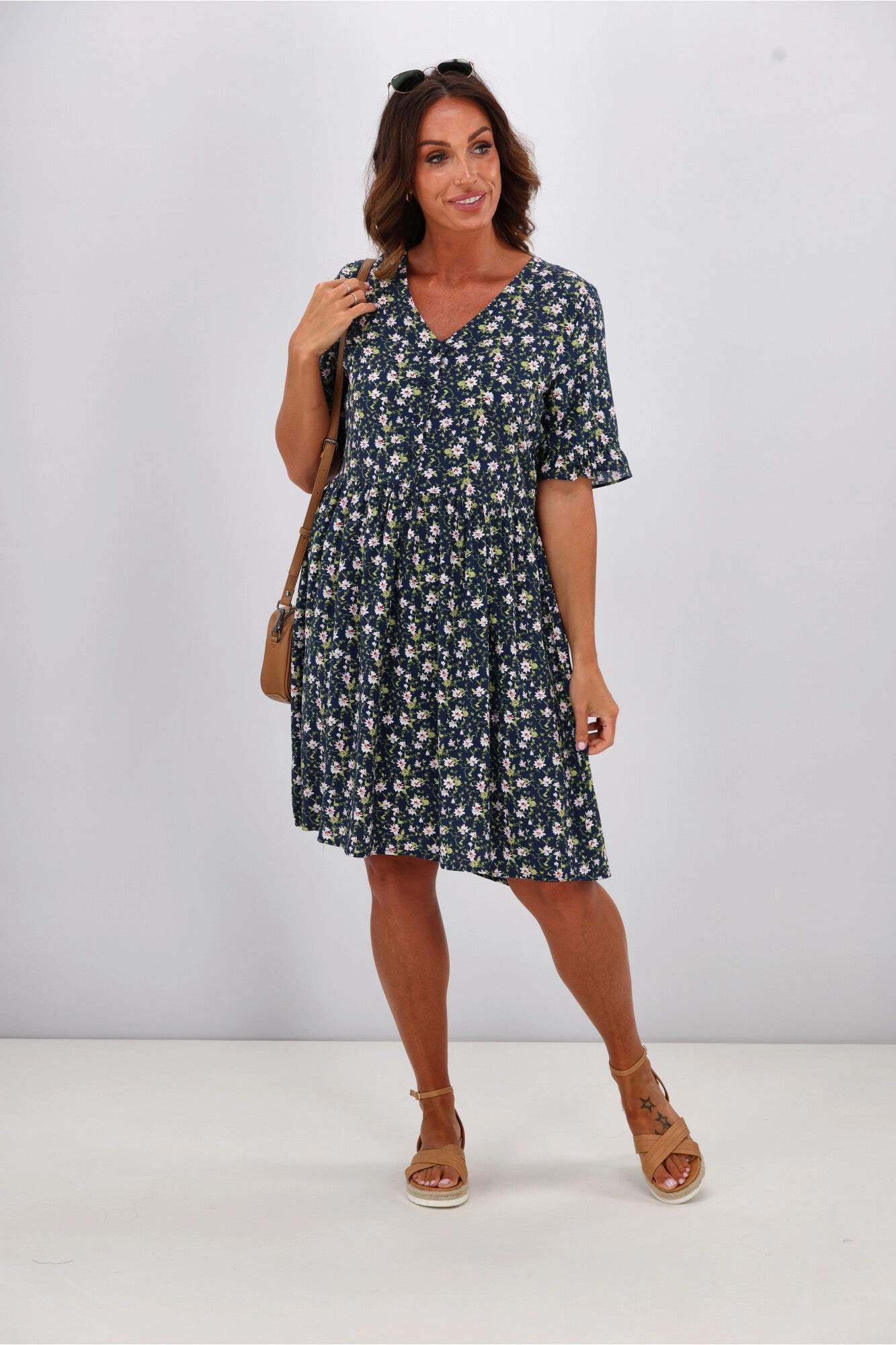 Gloss by Shine On Sacha Frill Sleeve Dress Black Ditsy Flowy Texture Pop Texture