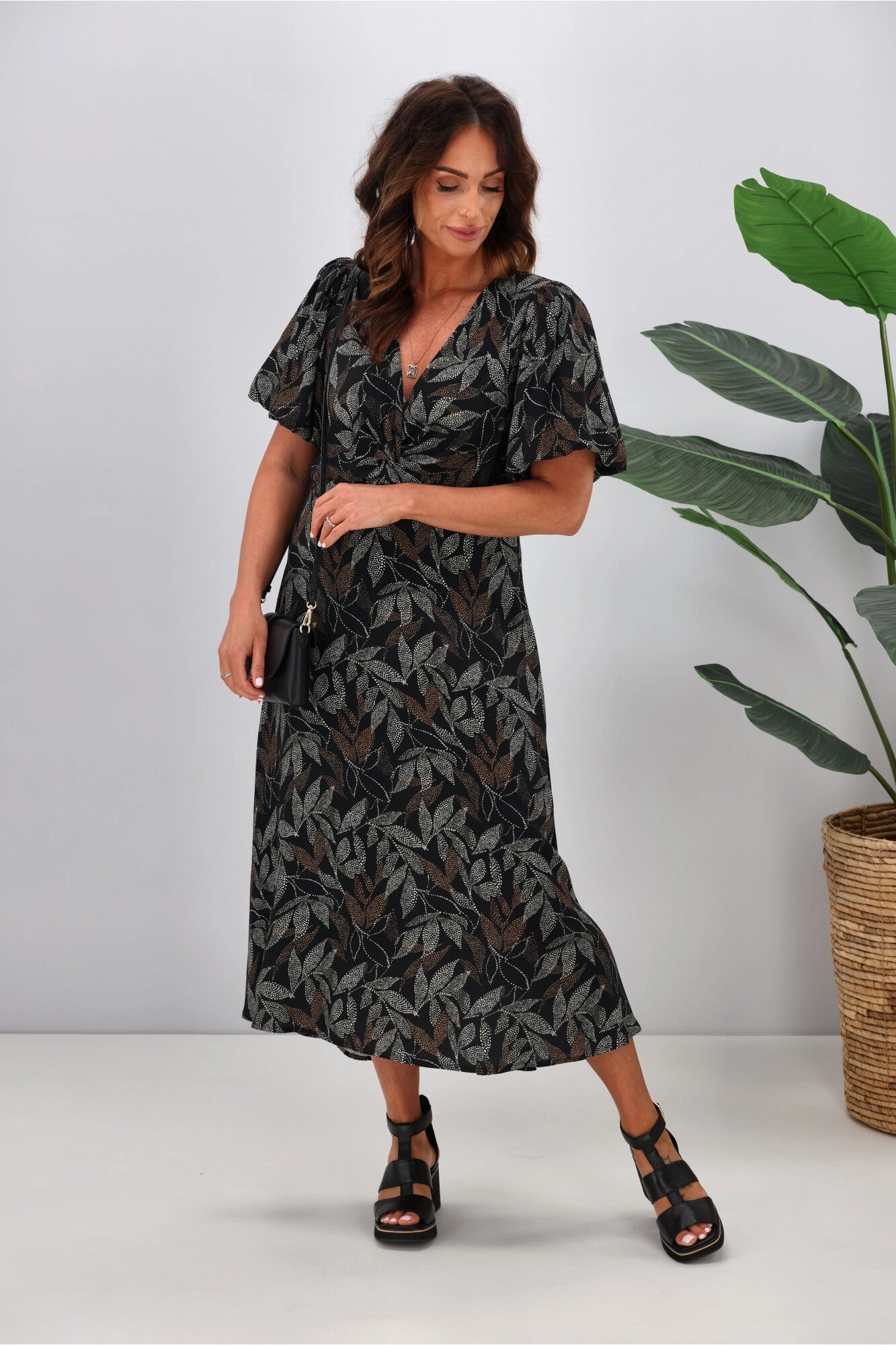 Easy Movement Gloss by Shine On Thora Knot Front Dress Black Leaf Dot Print
