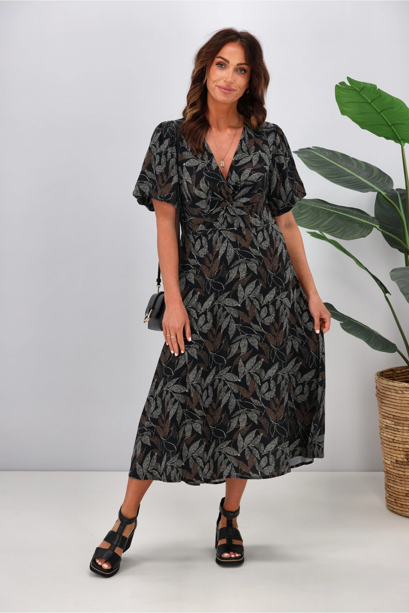 Gloss by Shine On Thora Knot Front Dress Black Leaf Dot Print Sharp Style Chic and Cozy Wear