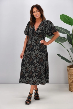 Clean Flow Gloss by Shine On Thora Knot Front Dress Black Leaf Dot Print