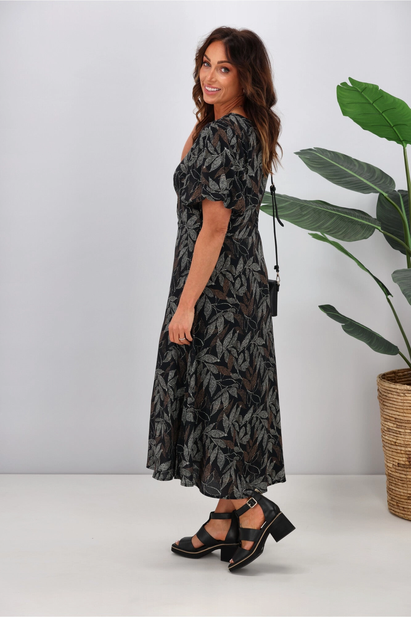 Influencer-Approved Gloss by Shine On Thora Knot Front Dress Black Leaf Dot Print