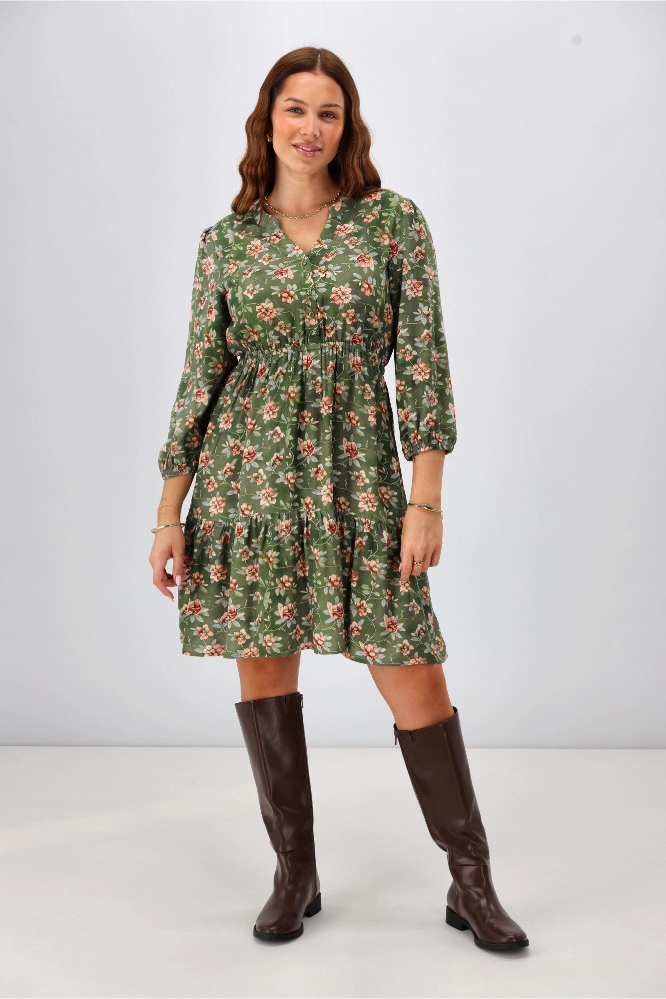 Gloss The Label Anouk Shirred Waist Dress Botanical Floral Neutral Mood Weekend Edge