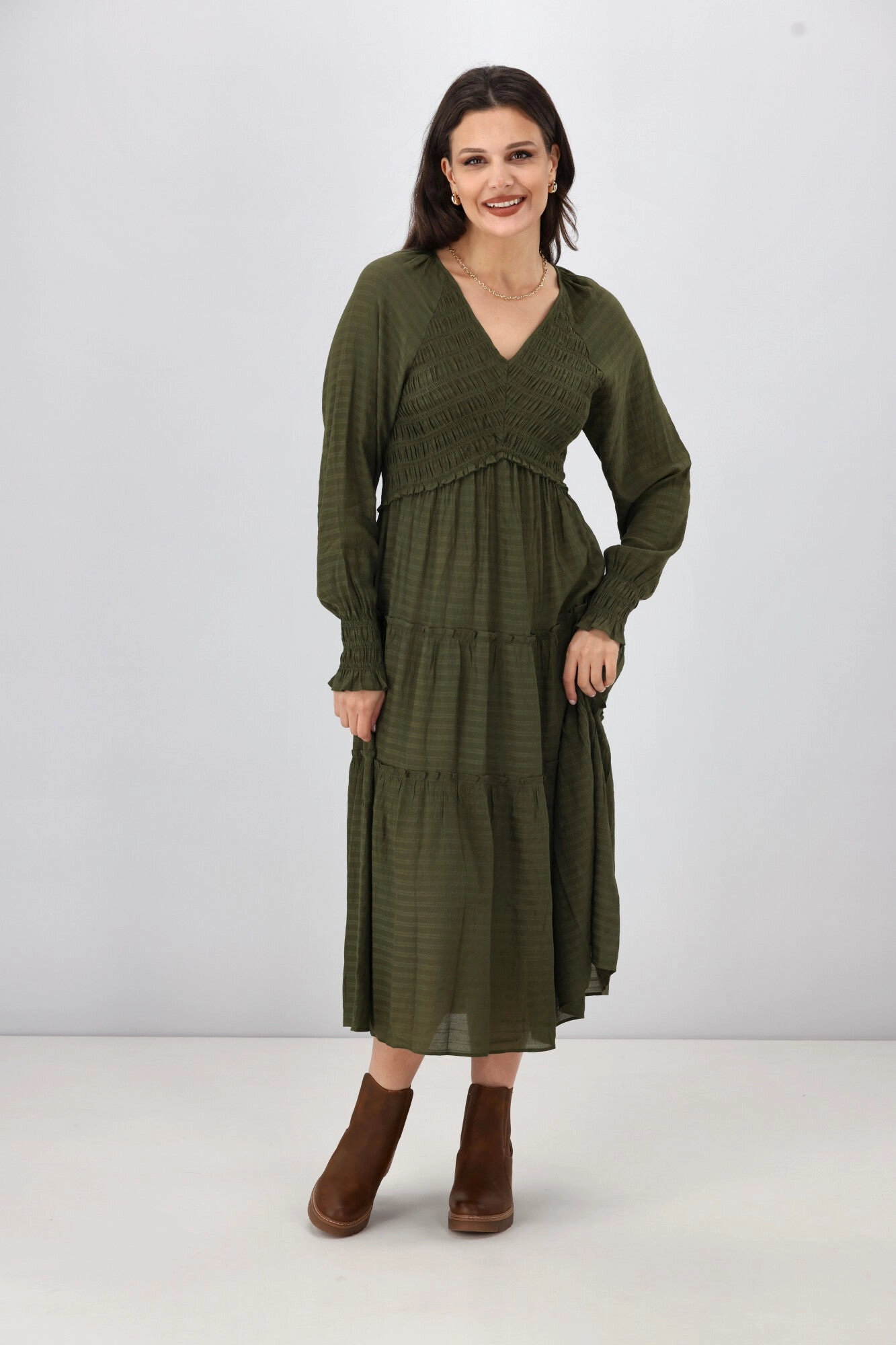 Gloss The Label Aurelia Angle Shirred Bodice Dress Olive Coffee Break Cotton Skin