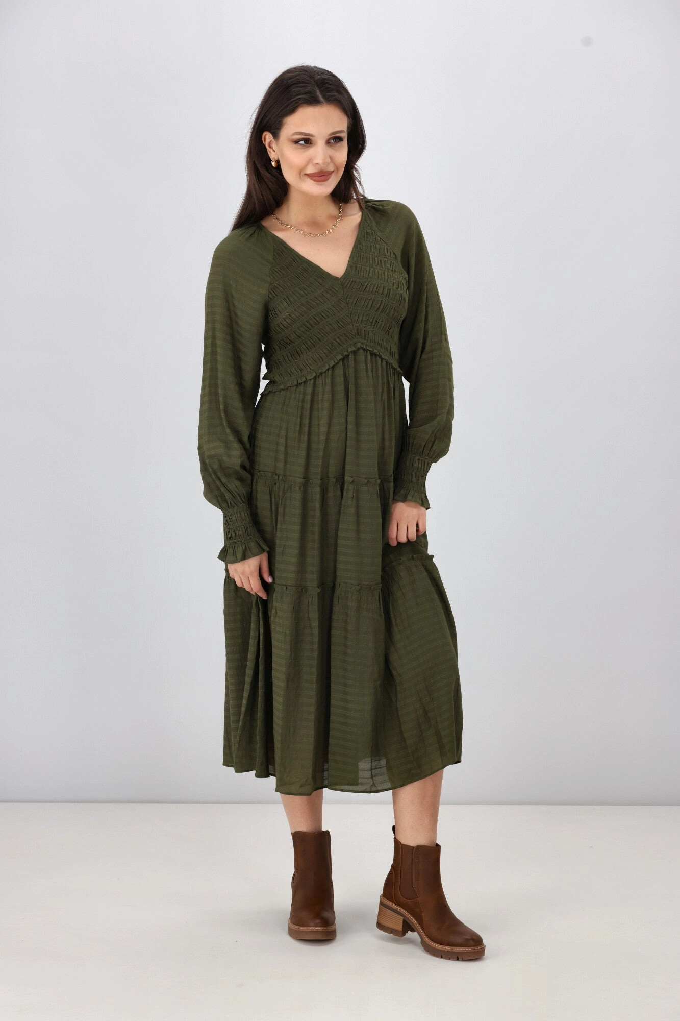 Structured-Shape Fashionable Layer Gloss The Label Aurelia Angle Shirred Bodice Dress Olive