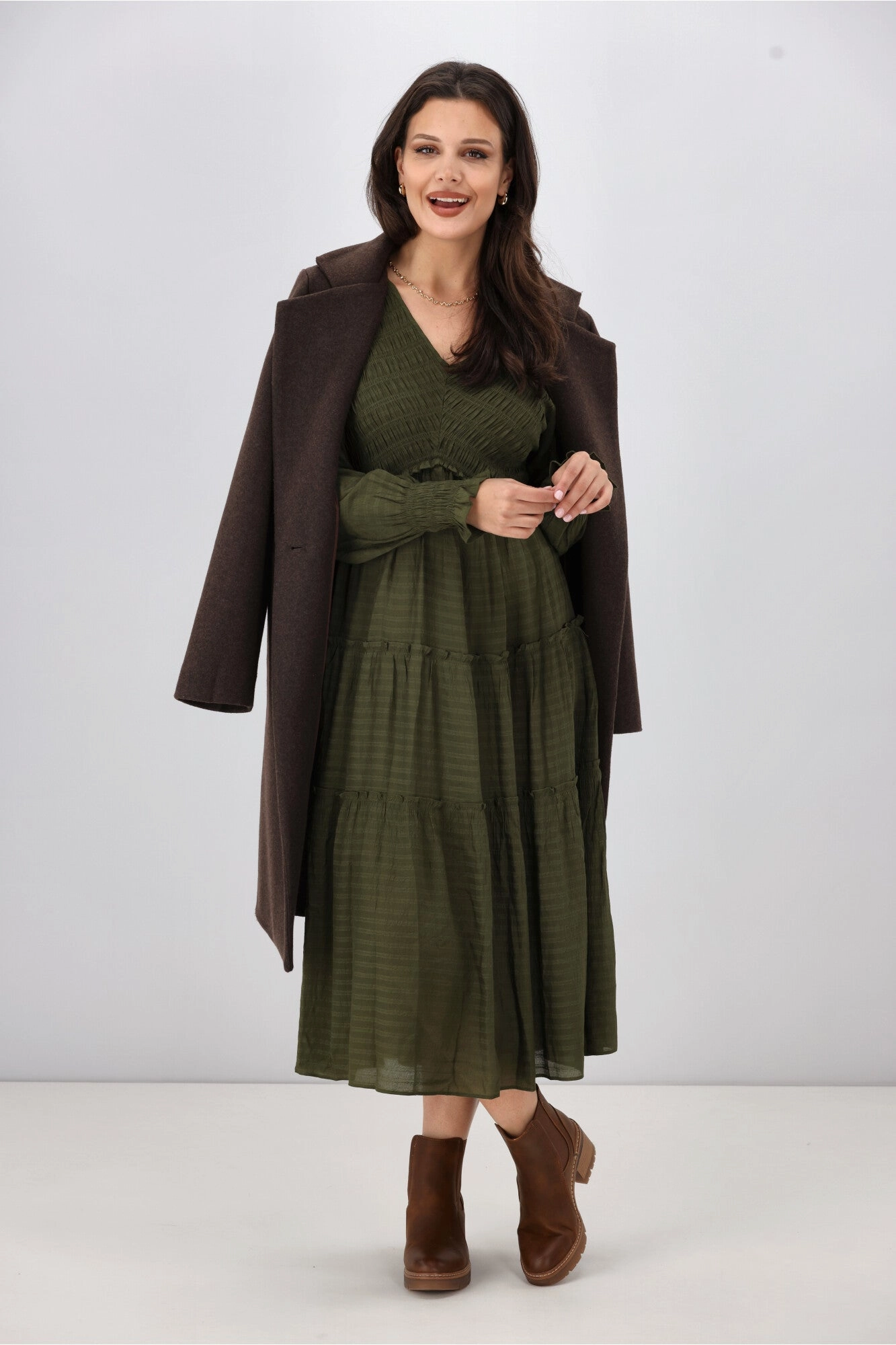 Beauty Feel Smart Casual Gloss The Label Aurelia Angle Shirred Bodice Dress Olive