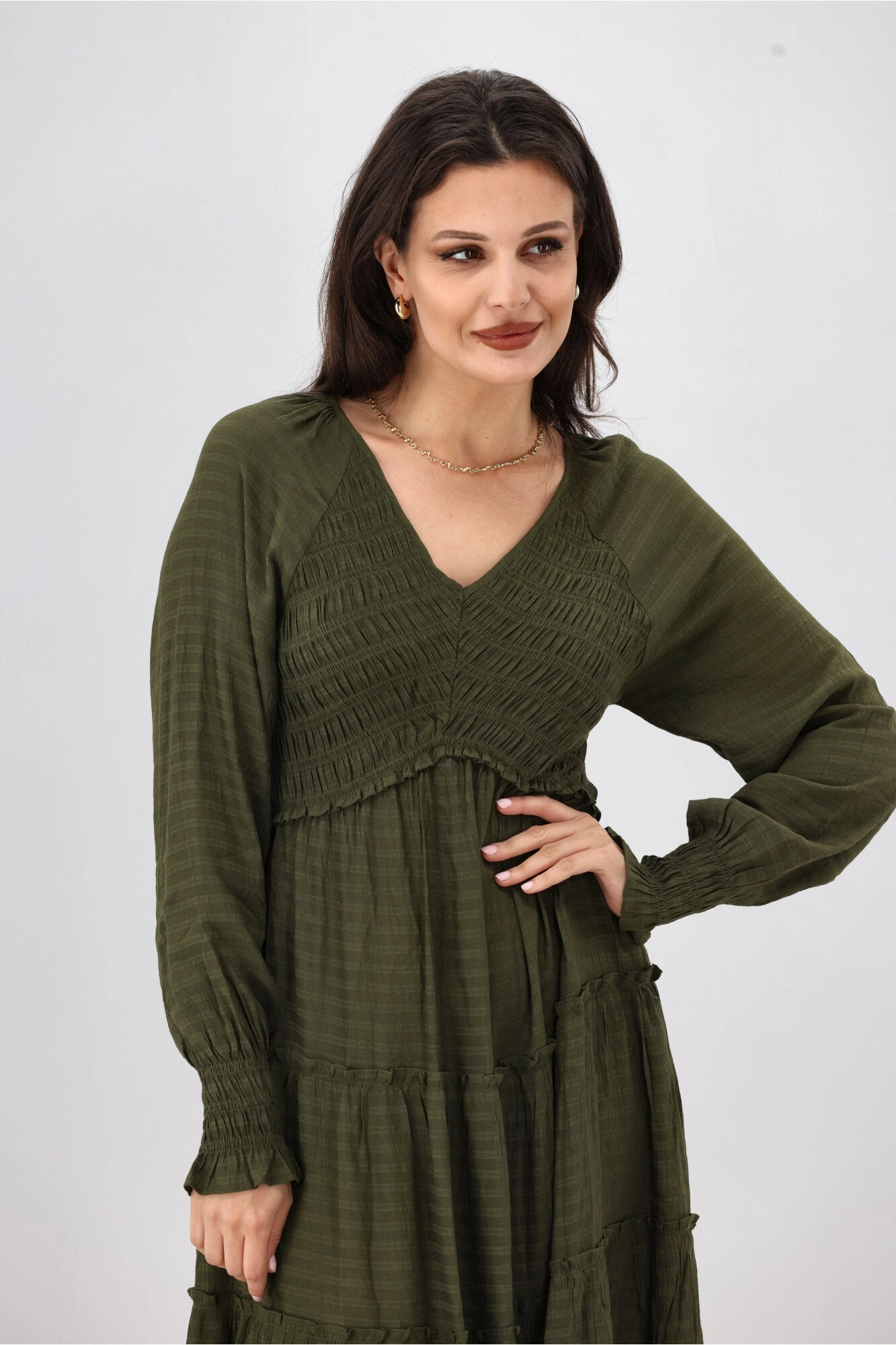 Dual Tones Natural Form Gloss The Label Aurelia Angle Shirred Bodice Dress Olive