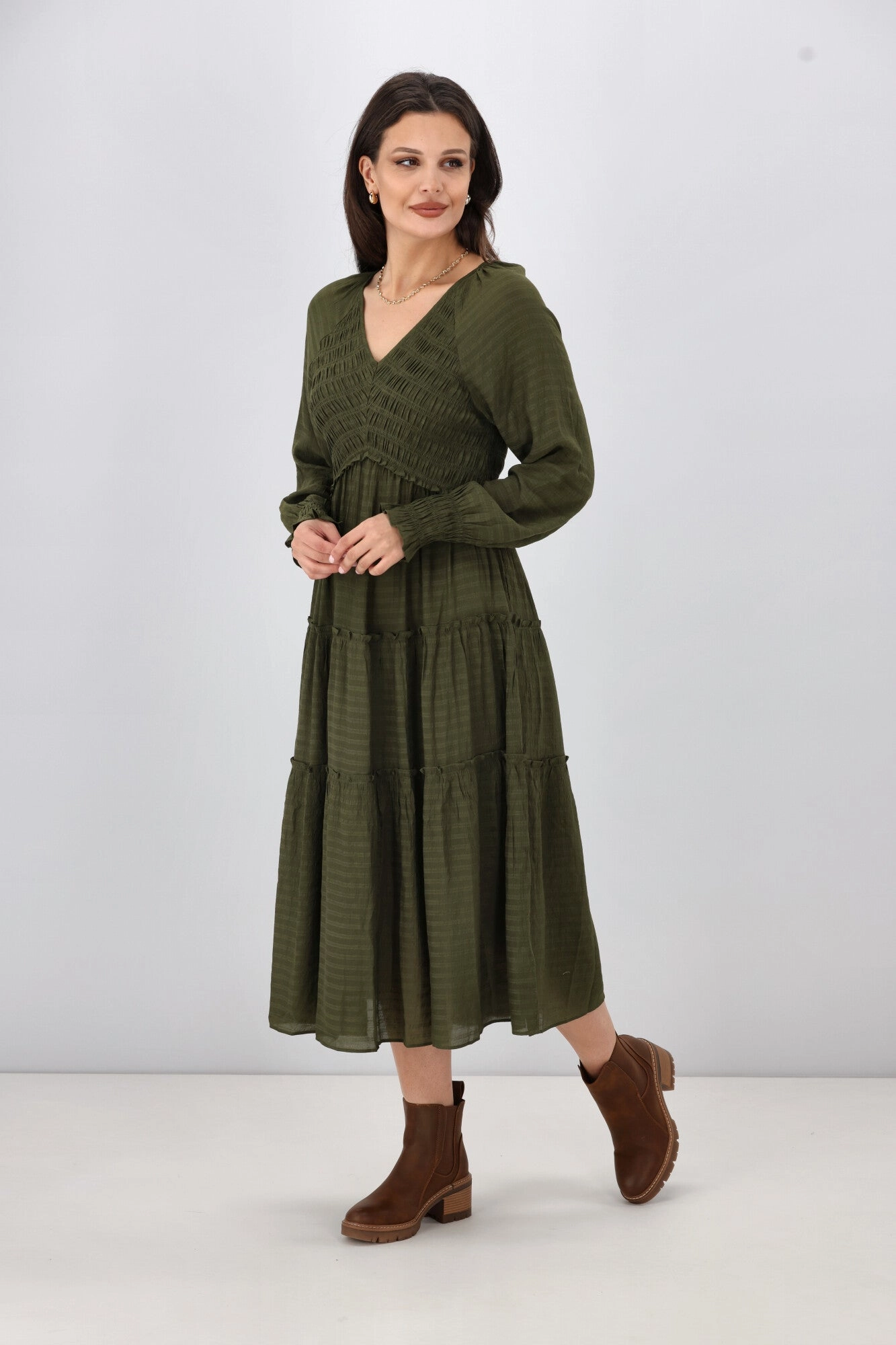 Gloss The Label Aurelia Angle Shirred Bodice Dress Olive Love Soft