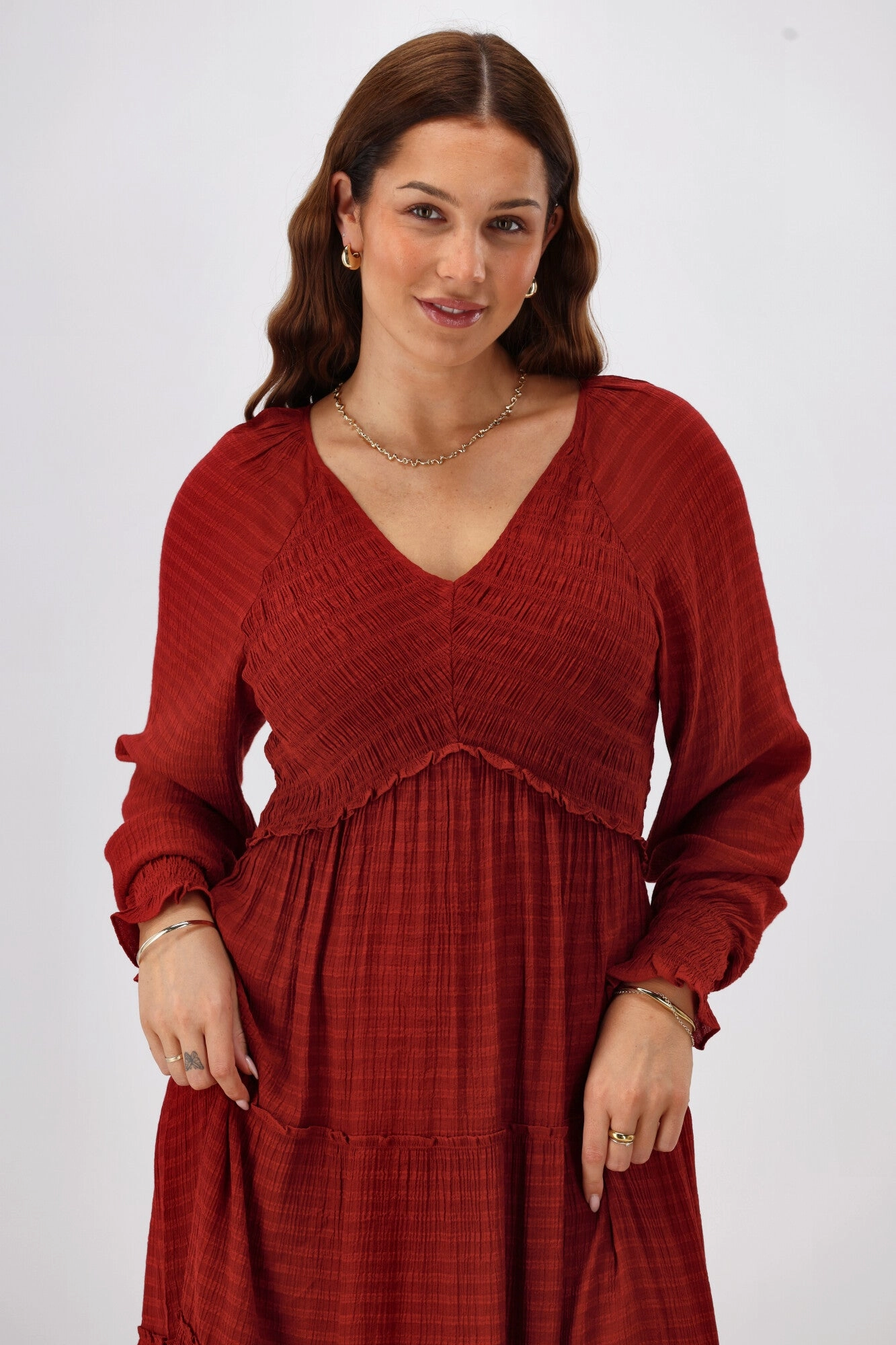 Gloss The Label Aurelia Angle Shirred Bodice Dress Wine Light And Airy