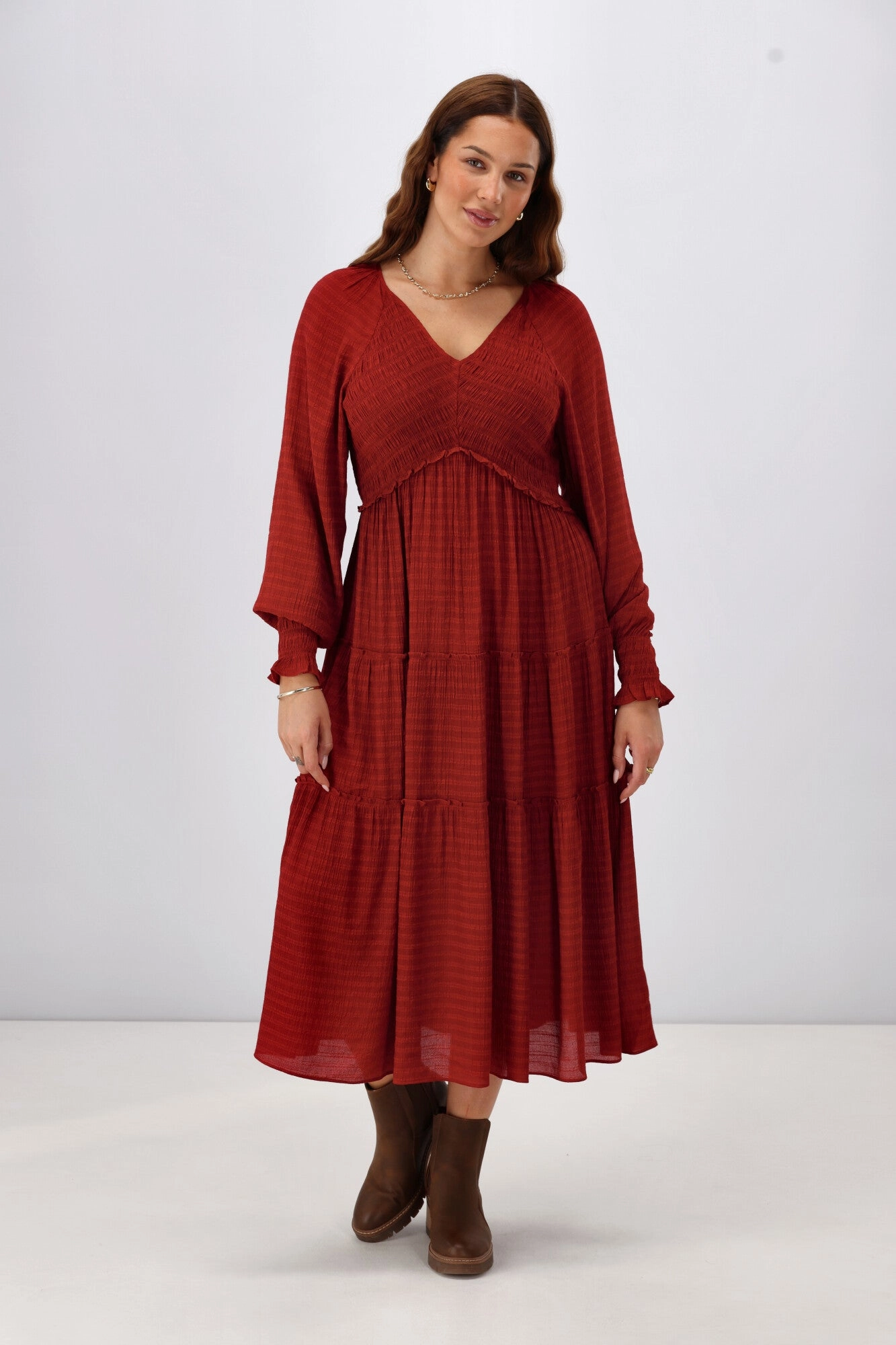 Gloss The Label Aurelia Angle Shirred Bodice Dress Wine Elegant Appearance Skin Hug