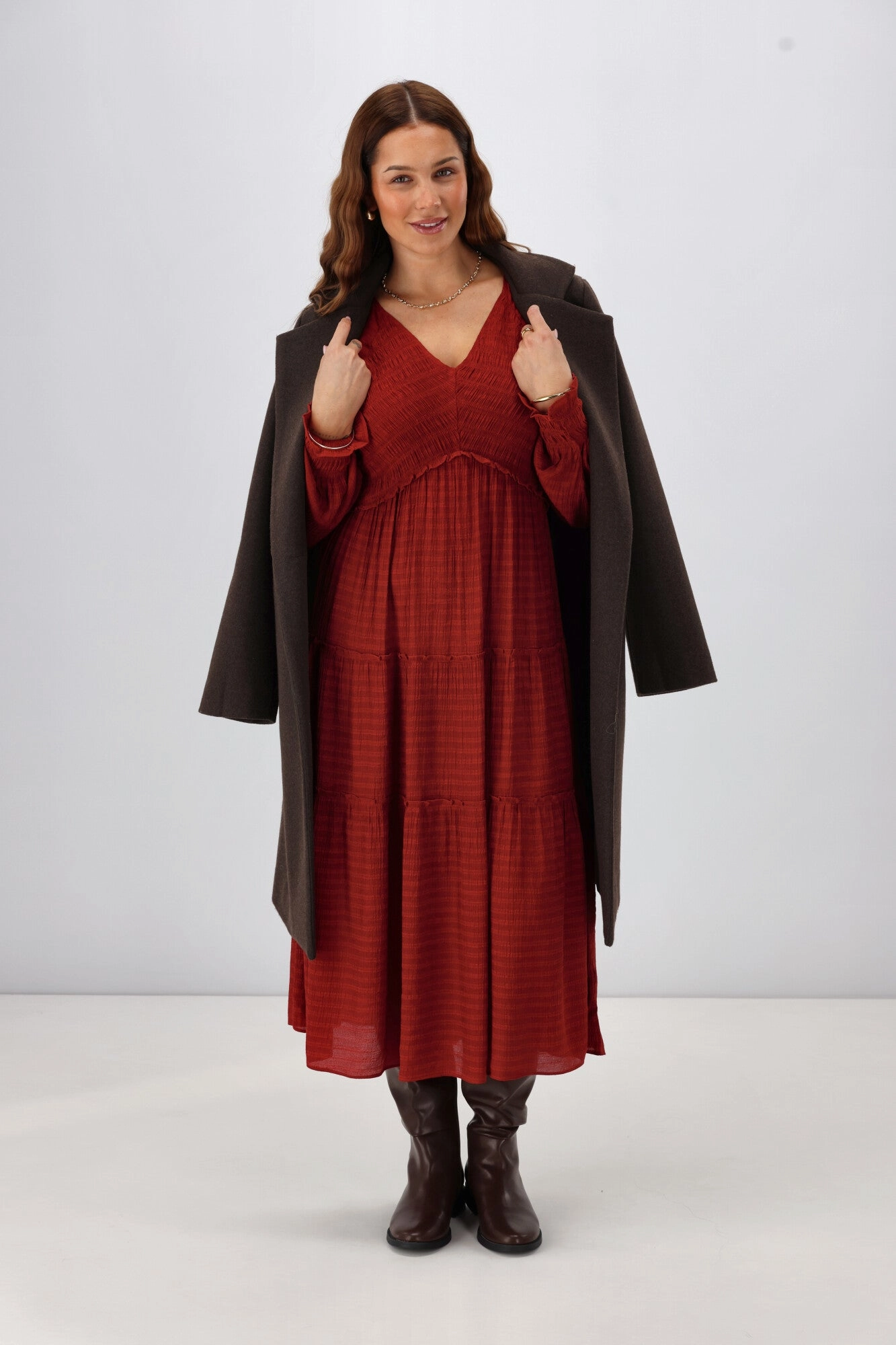 Tailored Waistband Gloss The Label Aurelia Angle Shirred Bodice Dress Wine