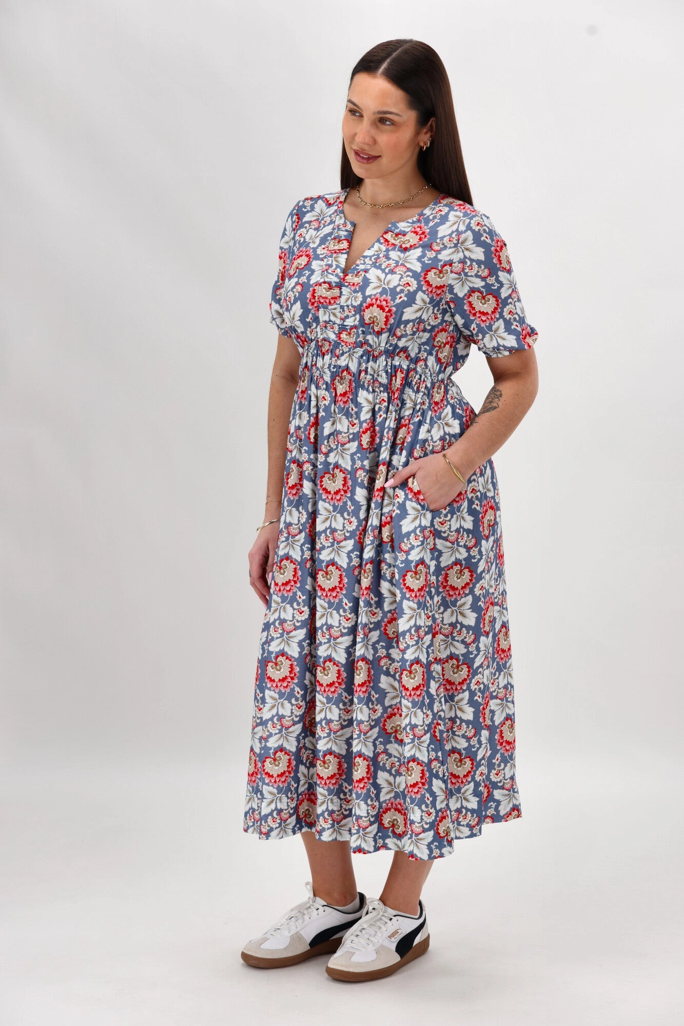 Flawless Construction Gloss The Label Caughey Gather V Neck Detail Dress Blue Paisley Floral