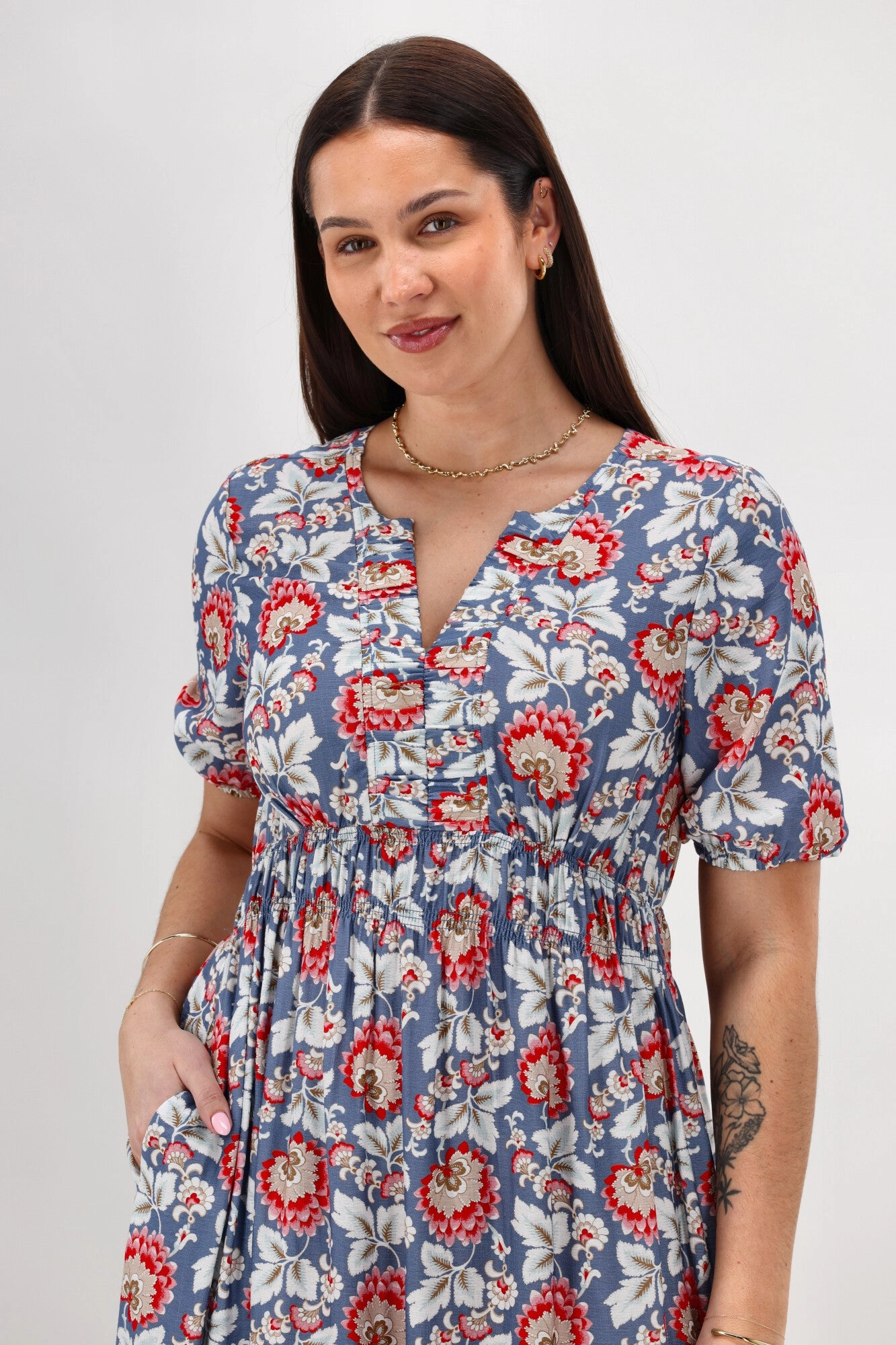 Gloss The Label Caughey Gather V Neck Detail Dress Blue Paisley Floral Comfortable texture