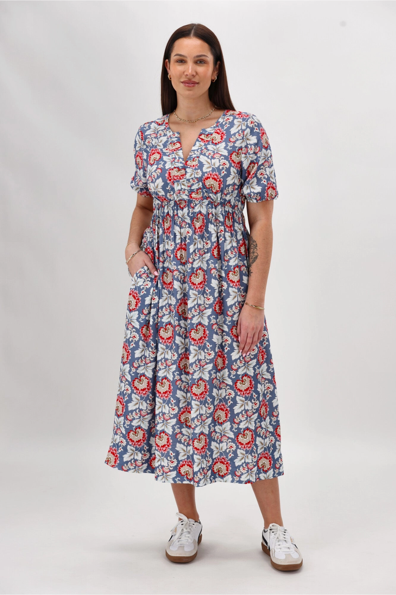 Gloss The Label Caughey Gather V Neck Detail Dress Blue Paisley Floral Comfy Shape Travel Friendly