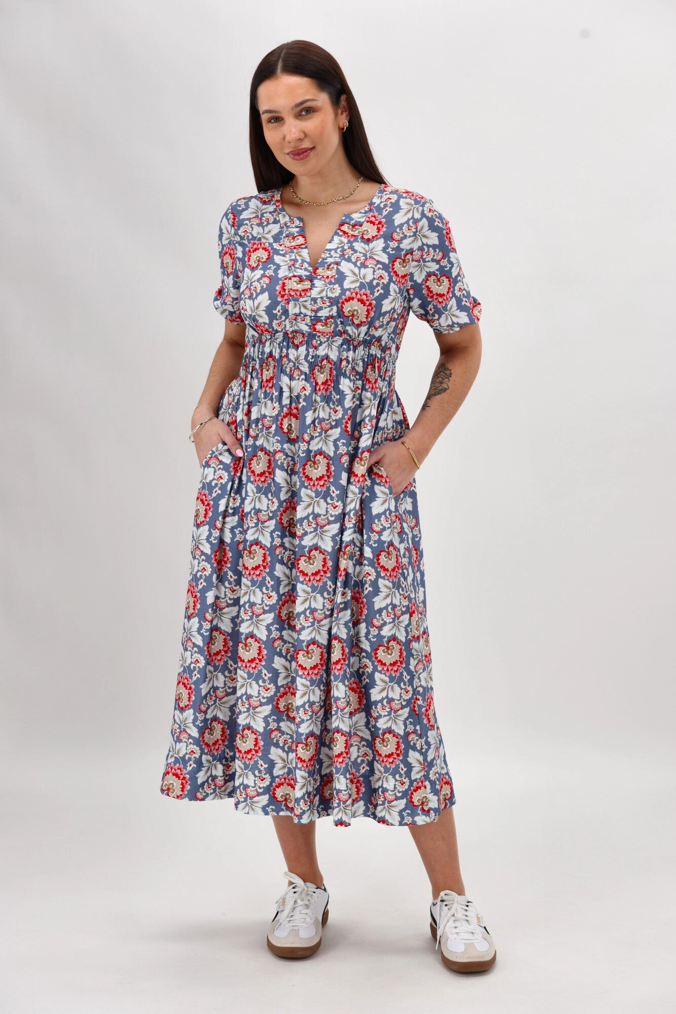 Flattering Shape Gloss The Label Caughey Gather V Neck Detail Dress Blue Paisley Floral