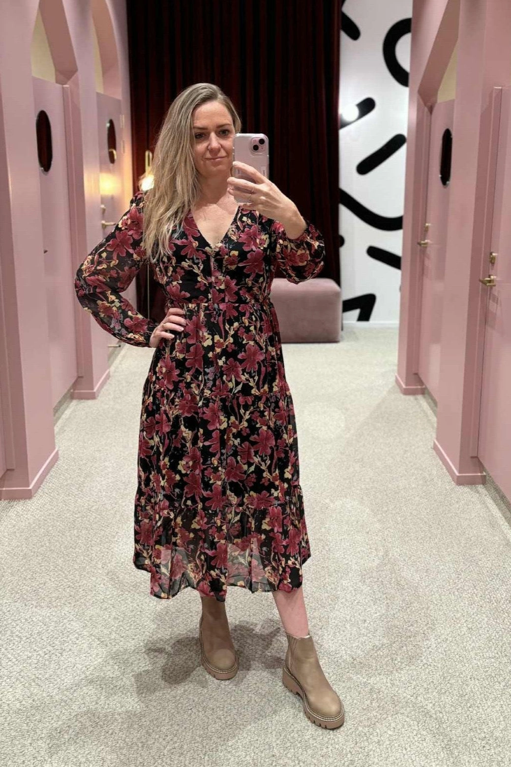 Gloss The Label Chadrick V Neck Tier Dress Black and Cranberry Euro Touch