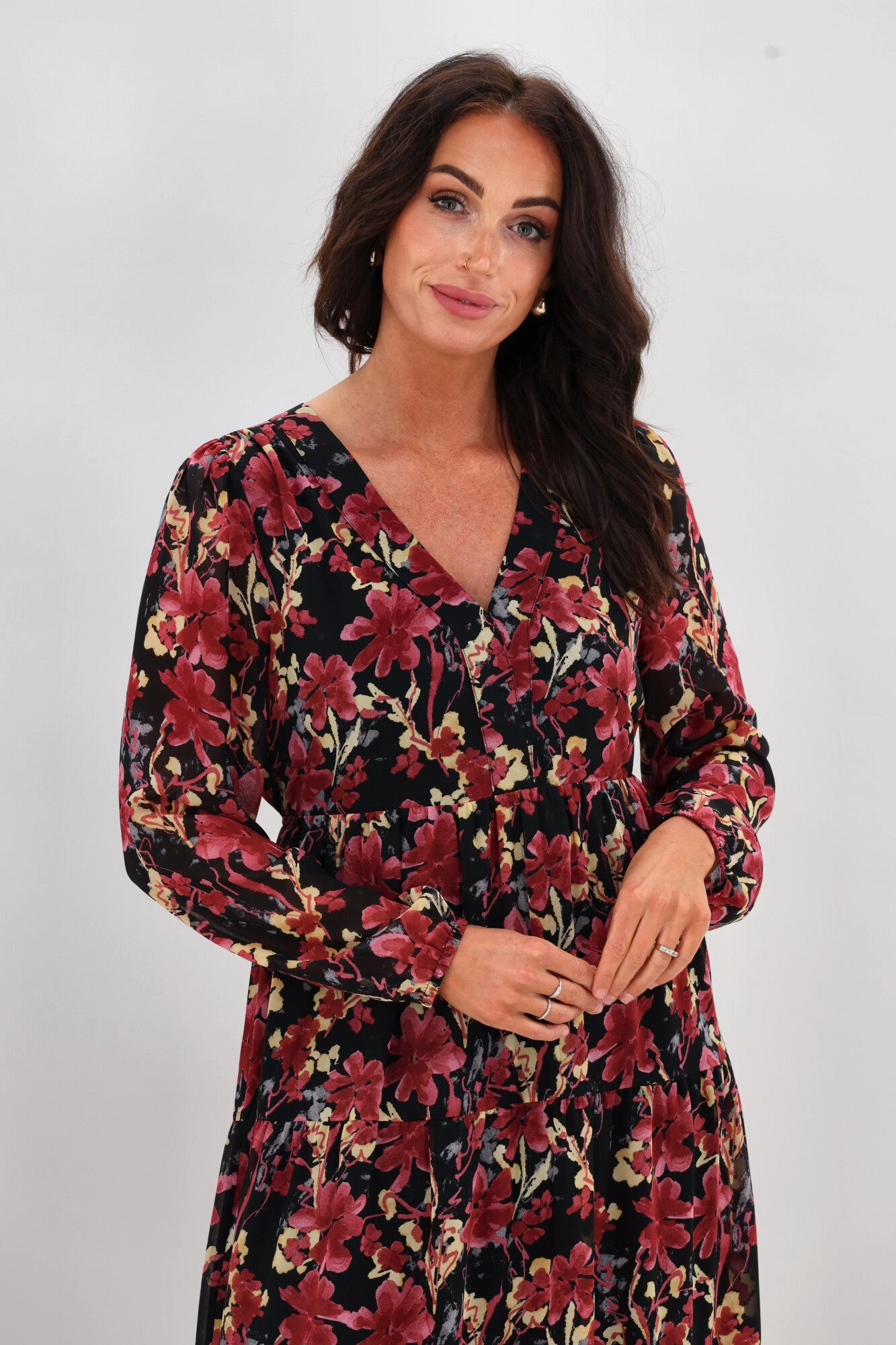 Gloss The Label Chadrick V Neck Tier Dress Black and Cranberry Chilly Comfort All Moments