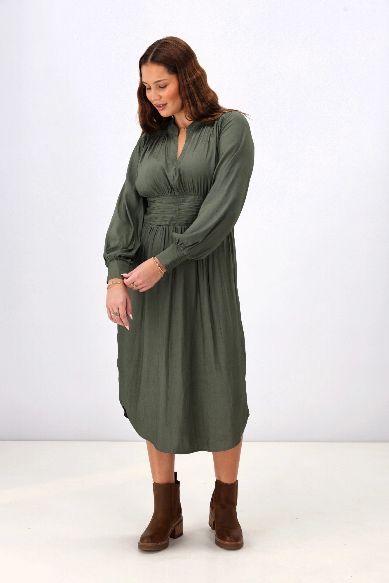 Heart Tone Brunch Tone Gloss the Label Ellery Shirred Detail Dress Olive