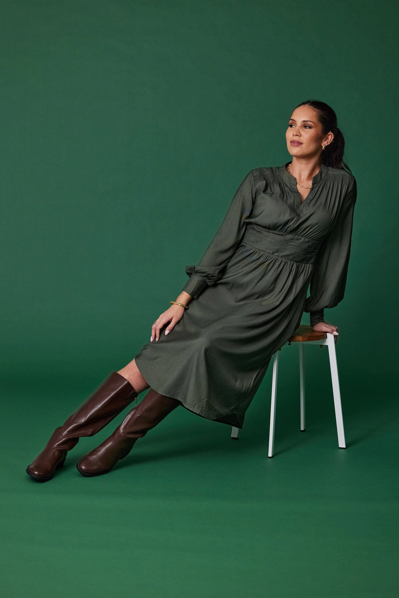 Moment Light Feminine Charm Gloss the Label Ellery Shirred Detail Dress Olive