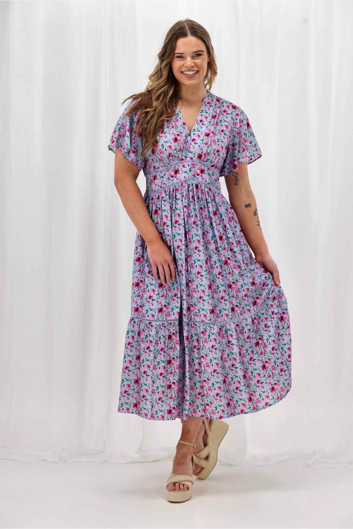 Playful Twist Gloss The Label Khyla Ladder Lace Dress Blue Watercolour Print