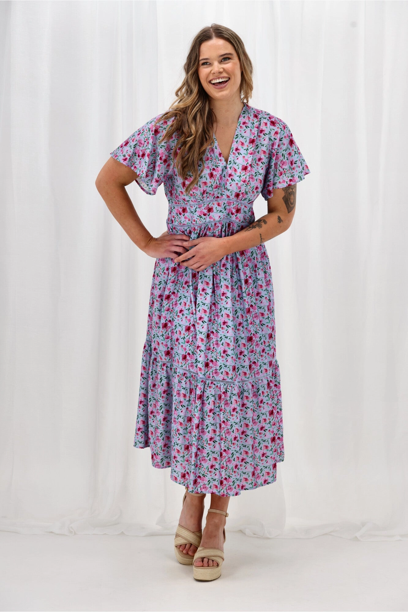 Comfy Fit Wear Front-Zip Gloss The Label Khyla Ladder Lace Dress Blue Watercolour Print