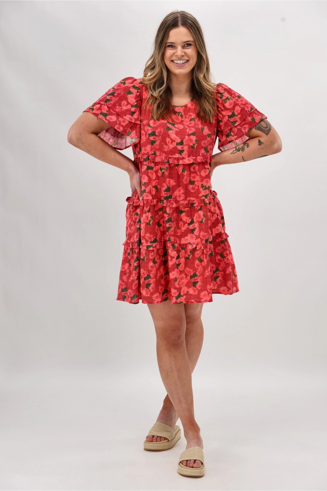 Gloss The Label Nayala Ruffle Tier Dress Coral Red Print Urban Cool Neutral Form