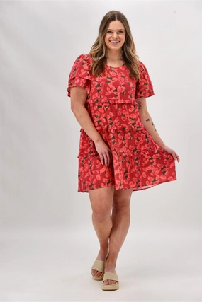 Gloss The Label Nayala Ruffle Tier Dress Coral Red Print Timeless Design Evening Motion