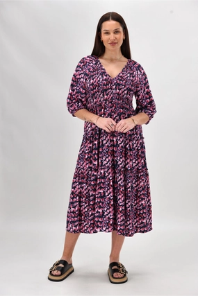 Casual Look Soft Silhouette Gloss The Label On Saddah Angle Shirred Bodice Dress Pink Abstract Print