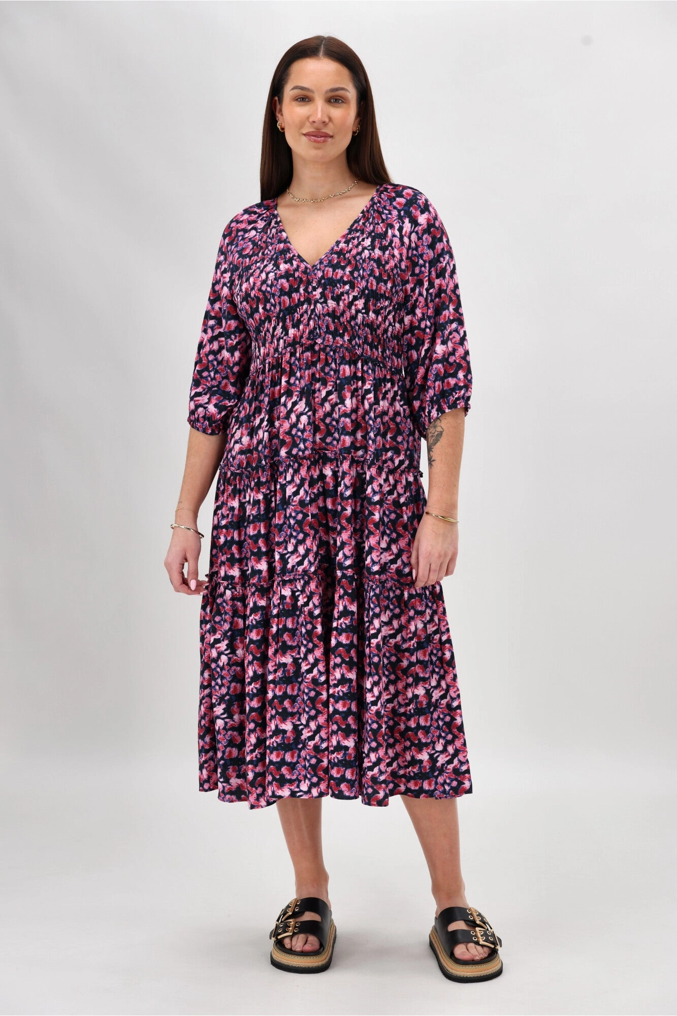 Gloss The Label On Saddah Angle Shirred Bodice Dress Pink Abstract Print Sister Charm Romantic date dress