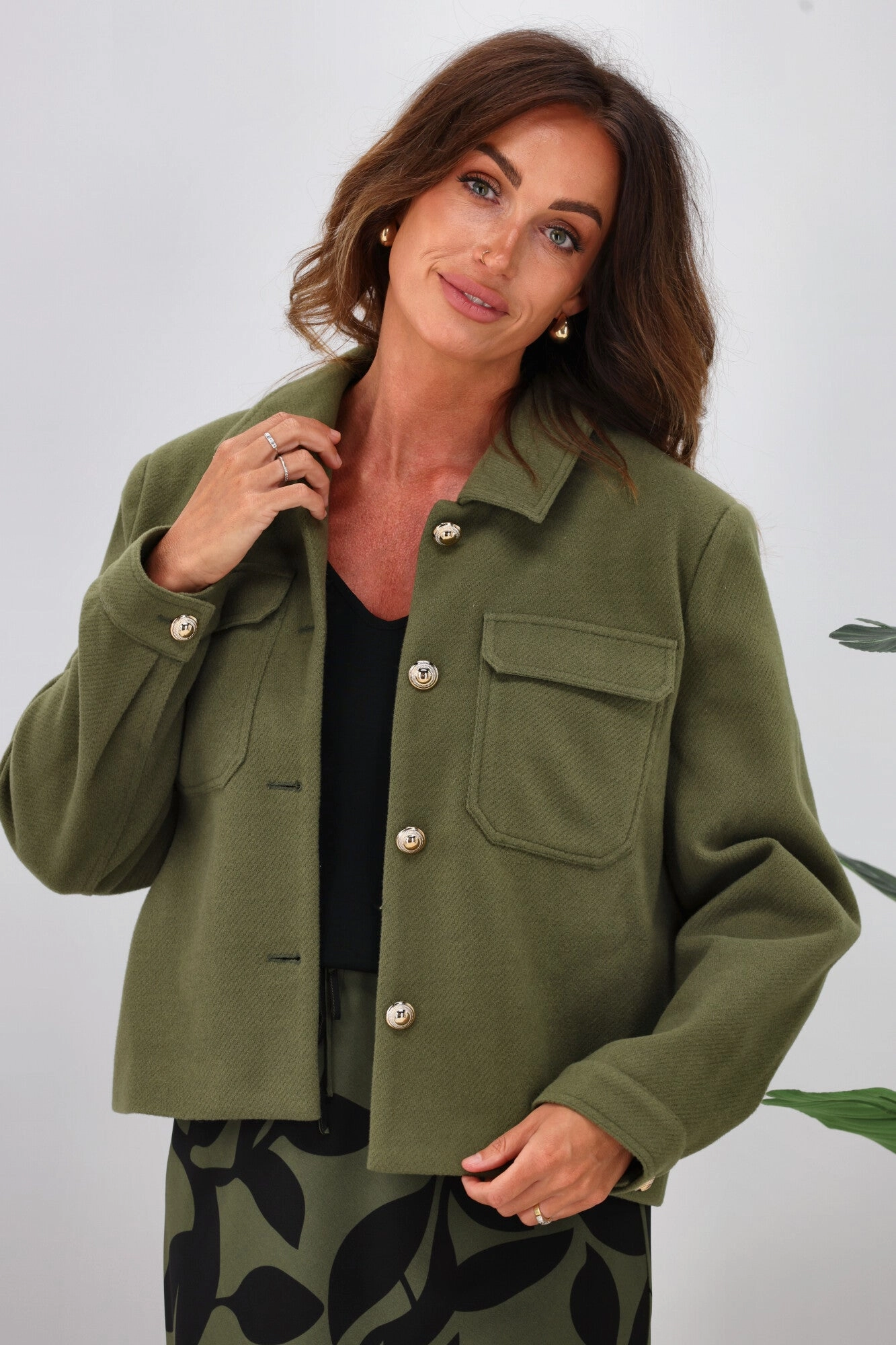 snap closure ShrinkResistantFabric Gloss The Label Riko Cropped Jacket Olive