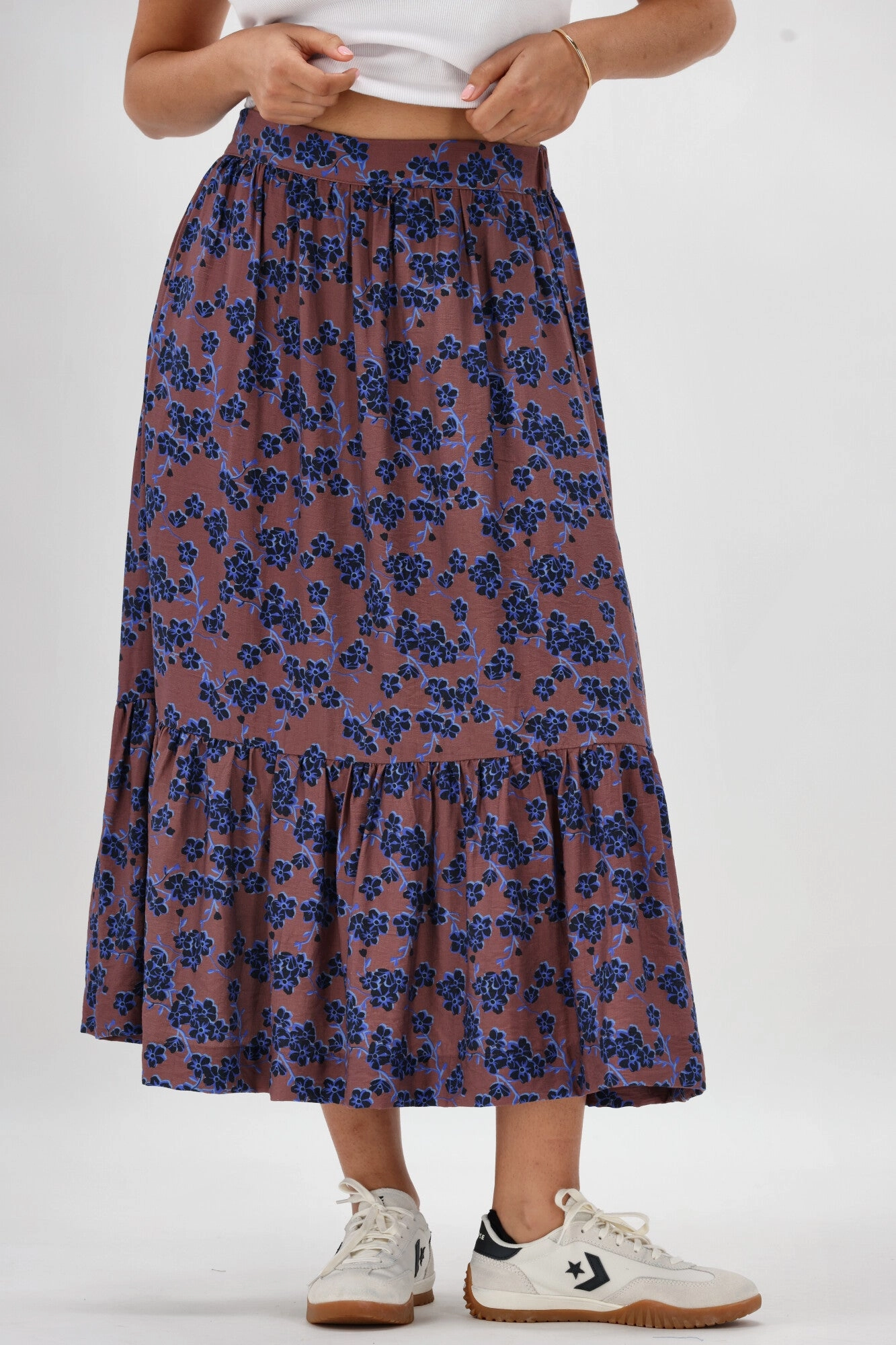 Breathable Gloss The Label Taia Frill Hem Skirt Chocolate Floral