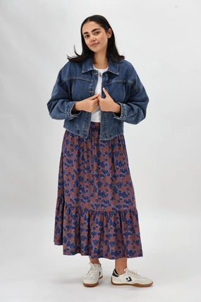 Gloss The Label Taia Frill Hem Skirt Chocolate Floral Versatile Outfit