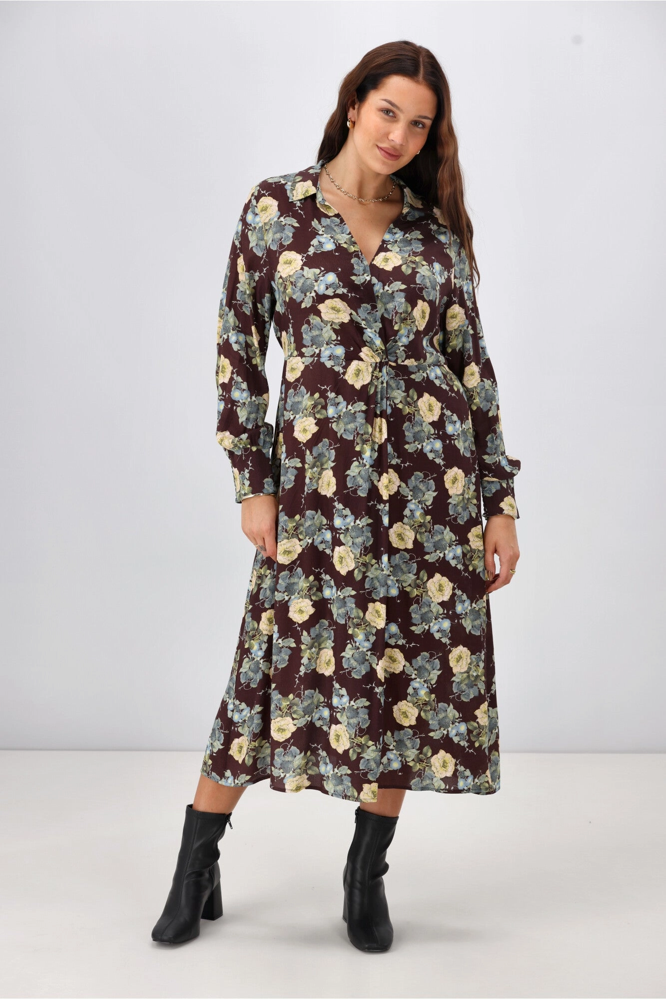 Gloss The Label Timi Cross Over Dress Chocolate Floral Comfy Layers