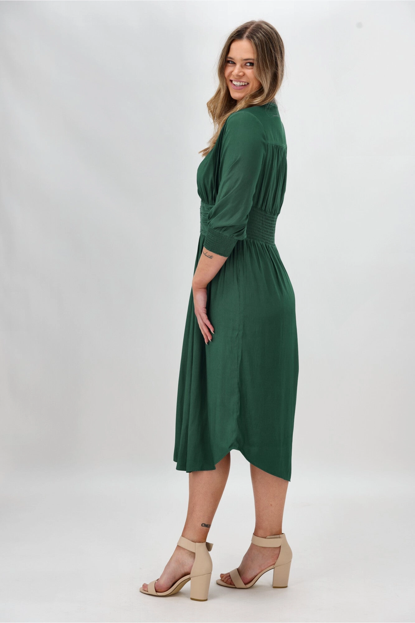 Gloss The Label Tomas Shirred Short Sleeve Dress Emerald Green Comfort Fit