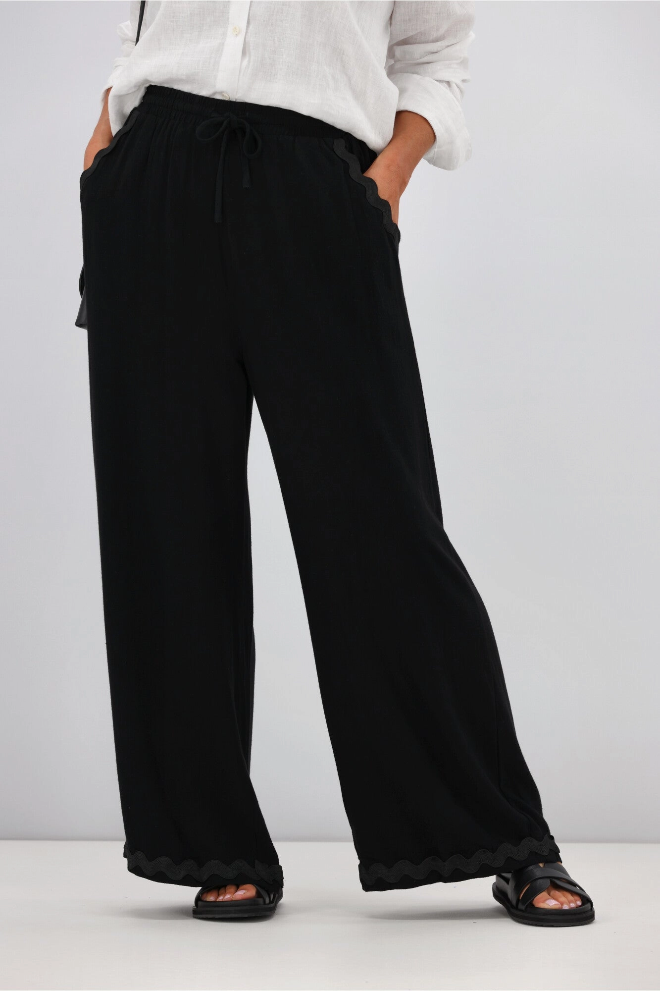 Ankle length Budget Friendly Travel Outfit Grace & Co Ric Rac Trim Linen Pants Black