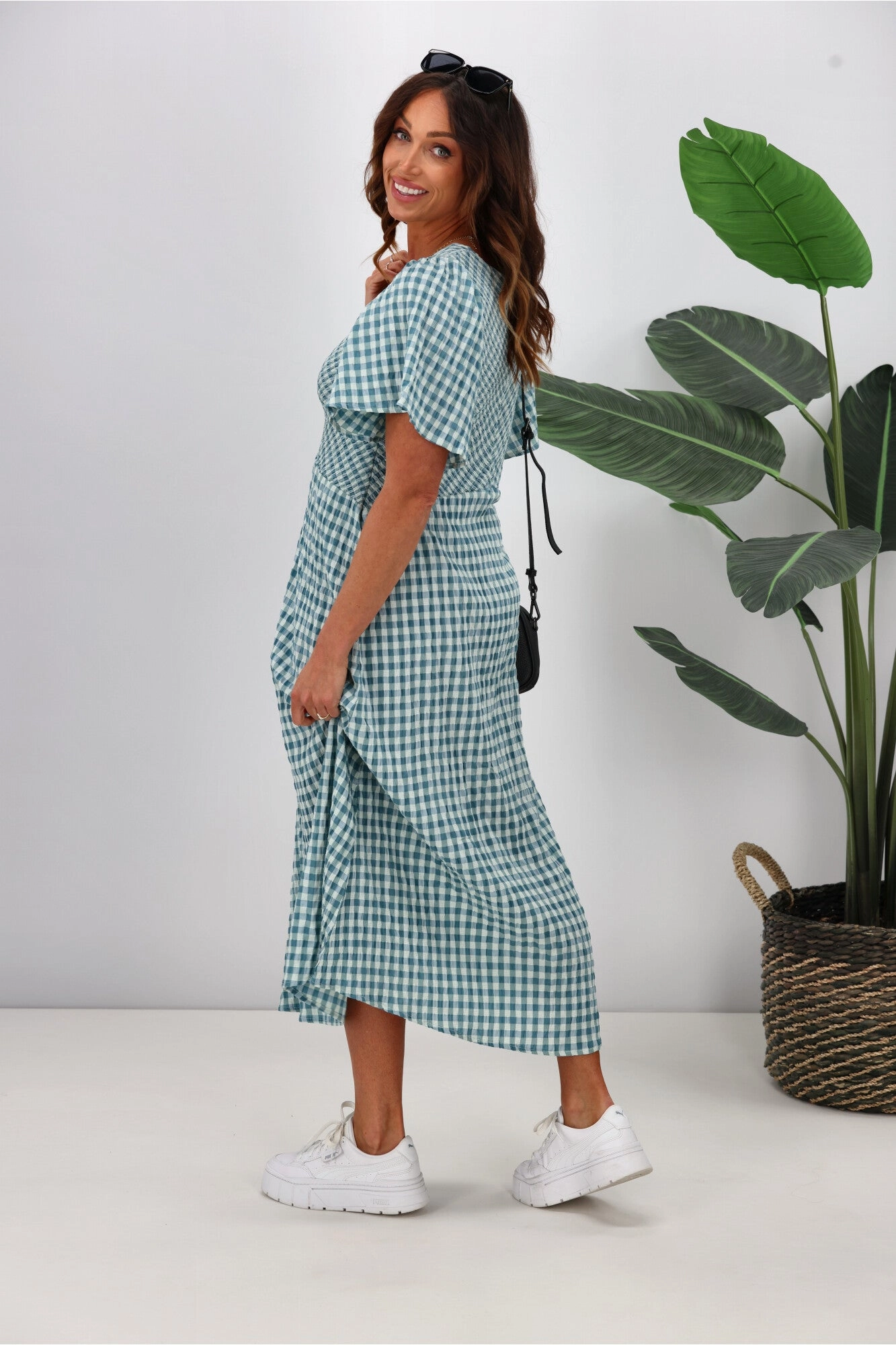 Shine On Label Sumaya Angle Shirred Midi Dress Teal Check Minimalist-Trend