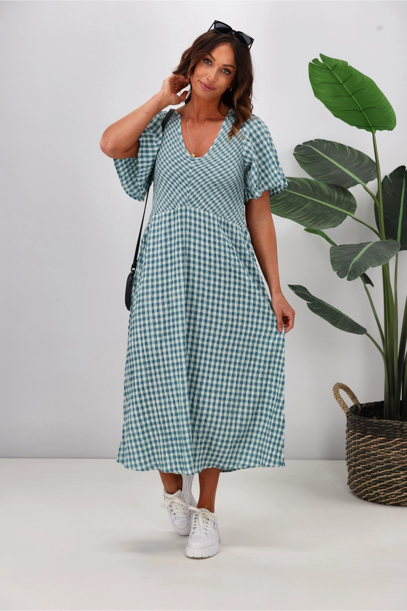 Shine On Label Sumaya Angle Shirred Midi Dress Teal Check Smooth Motion Classic Fit