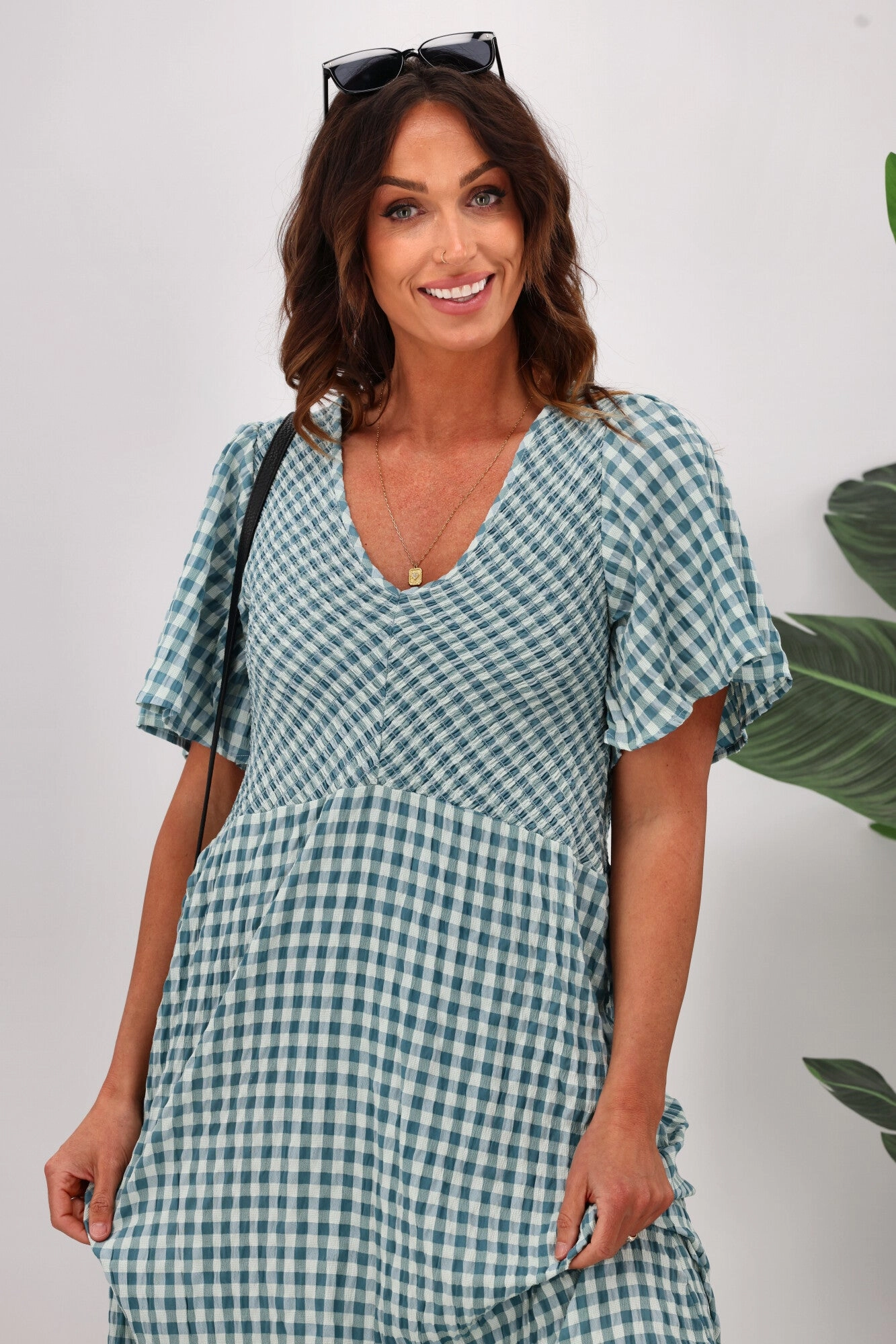 Shine On Label Sumaya Angle Shirred Midi Dress Teal Check Natural Aesthetic