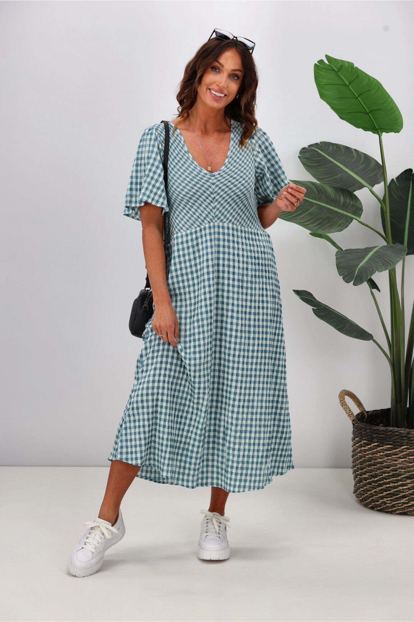 Soft Fabric Neutral Aesthetic Shine On Label Sumaya Angle Shirred Midi Dress Teal Check