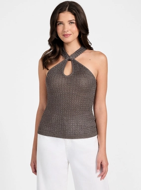 FlatlockStitching Grey Metallic Halter Keyhole Ella Tank Top