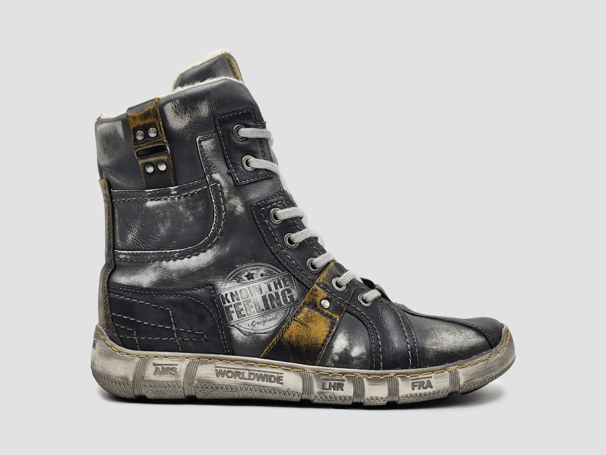 Men's Tall Comfort Thick Wool-Lined Zip-Up Leather Boots - Grey/Yellow Reinforced Form Weekend Camping