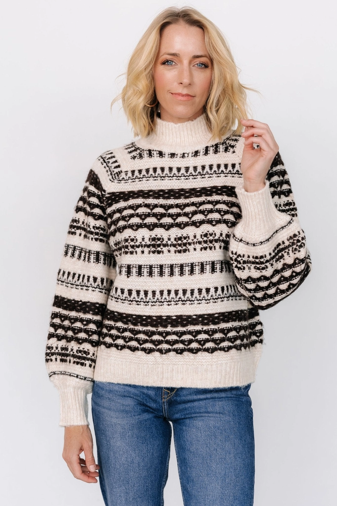 Guadalupe Mock Neck Sweater | Ivory   Chocolate Simple Chic