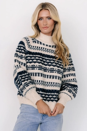 Guadalupe Mock Neck Sweater | Ivory   Navy Stylish Knit