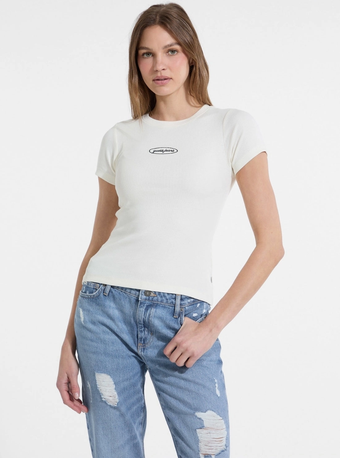 Guess Jeans Beige Embroidered Slim T-Shirt CompressionSupportWeave HoodedVersion